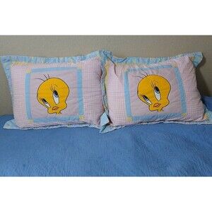 Vintage Tweety Bird Pillow Shams Set  1999  Looney Toons Quilted pink Blue